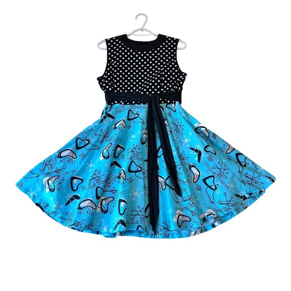 Dollz & Dames Retro A-Line Dress Size M Polka Dot MCM Print Pinup 50s Heart - Picture 1 of 16